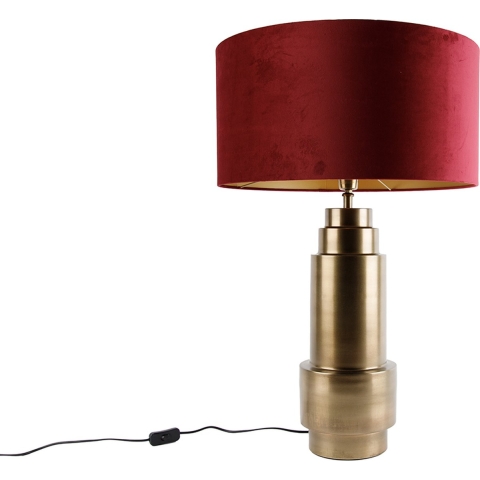QAZQA Tafellamp brons velours kap rood met goud 50 cm - Bruut