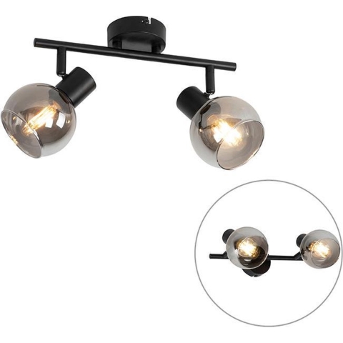 QAZQA Art Deco plafondlamp zwart met smoke glas 2-lichts - Vidro