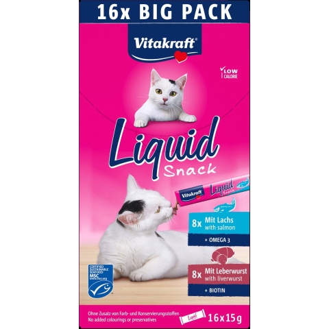 Vitakraft Liquid Snack met leverworst en zalm voor katten multipack (16 x 15 g) 5 verpakkingen