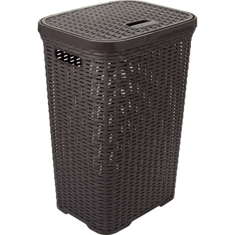 Wasmand met deksel Rotan - donkerbruin - gevlochten kunststof - 60 liter - 34 x 43 x 62 cm -