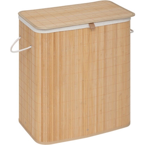 Wasmand dubbel compartiment - bamboe - met deksel - naturel - 52 x 32 x 63 cm - 100 liter -