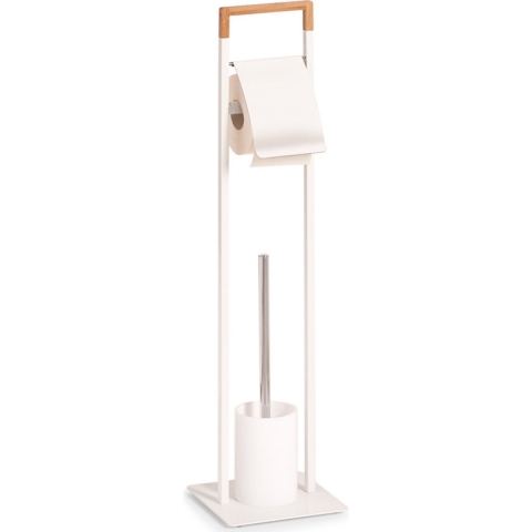 1x Toiletborstels met toiletrolhouder wit metaal/bamboehout 75 cm -