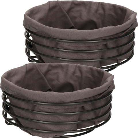 Set van 2x stuks ronde broodmand/serveermand zwart metaal/grijs katoen 23 cm -