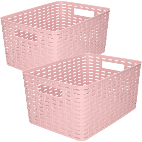 Set van 8x stuks opbergboxen/opbergmandjes rotan oud roze kunststof -