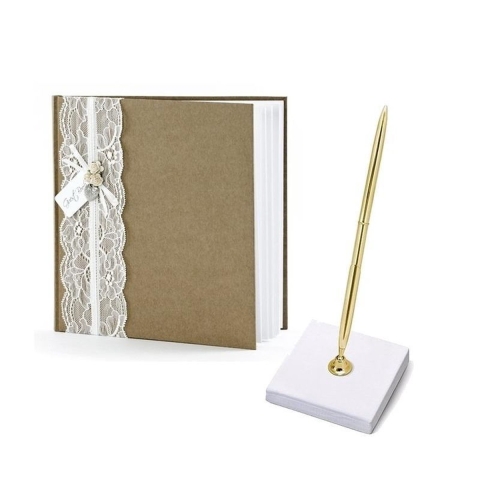 Bruiloft gastenboek vintage met luxe pen incl. houder -