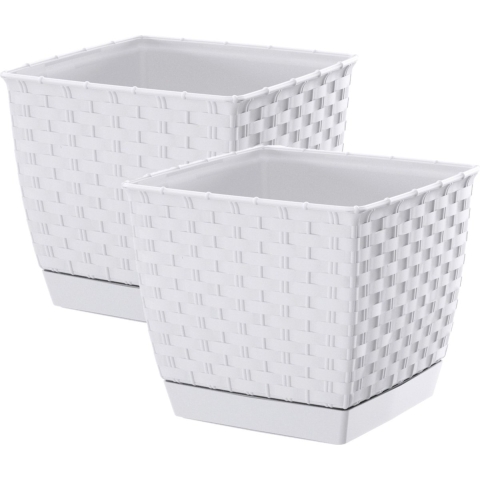 Prosperplast Plantenpot/bloempot - Set van 4x stuks - rotan kunststof - 22 x 19 cm - wit -