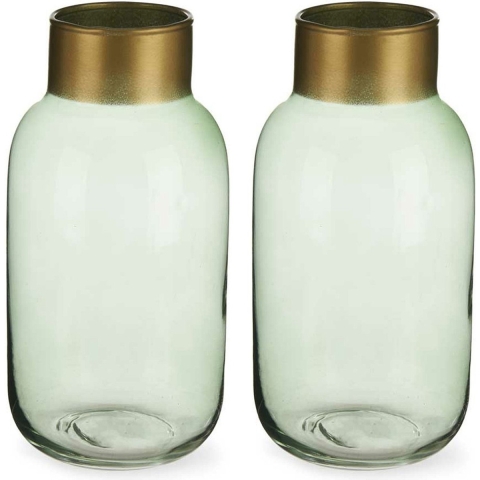 Bloemenvazen 2x stuks - luxe decoratie glas - groen/goud - 12 x 24 cm -