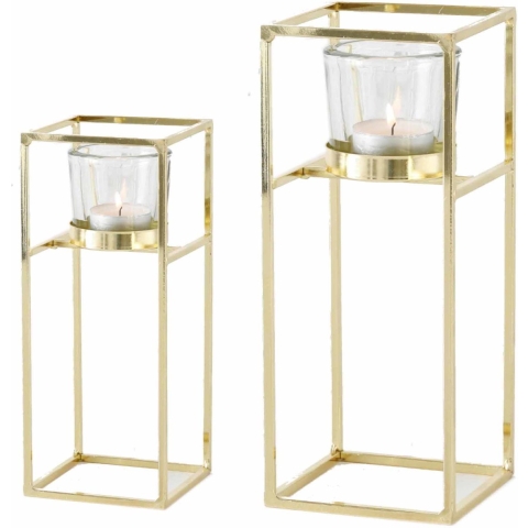 Goudkleurige ijzeren theelicht/waxinelicht houders set van 2x stuks 15-23 cm -