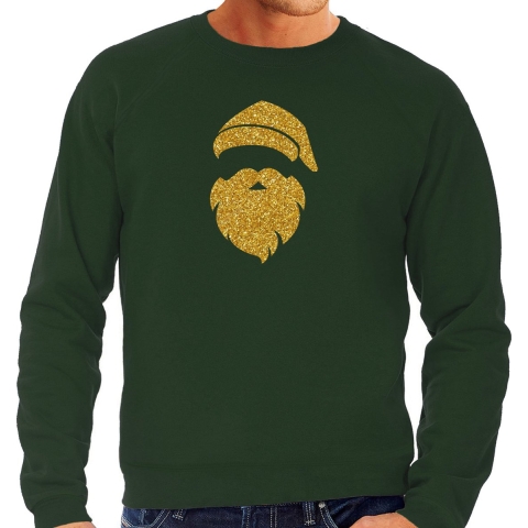 Kerstman hoofd Kerst sweater / trui groen voor heren met gouden glitter bedrukking L -