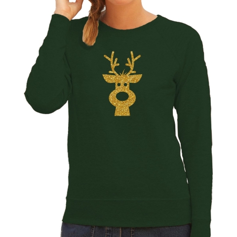 Rendier hoofd Kerst sweater / trui groen voor dames met gouden glitter bedrukking L -