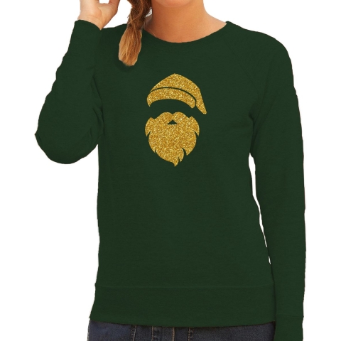 Kerstman hoofd Kerst sweater / trui groen voor dames met gouden glitter bedrukking XL -