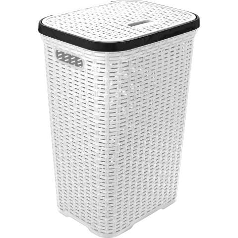 Wasmand met deksel Rotan - wit - gevlochten kunststof - 60 liter - 34 x 43 x 62 cm -