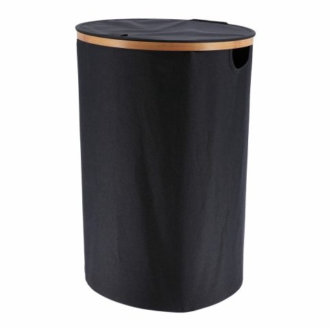 Wasmand met deksel - rond - bamboe hout - 70L - zwart - 60 x 40 cm - was sorteren -