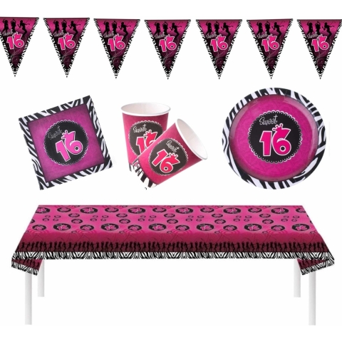 Sweet Sixteen thema verjaardag feestartikelen pakket voor 16x personen -
