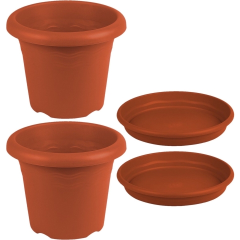 5x stuks ronde plantenpotten terra cotta met opvangschaal dia 14 cm -
