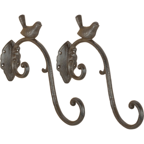 2x stuks muurhaken met dubbele sierkrul vogel 27 x 24 - gietijzer - hanging basket haak -