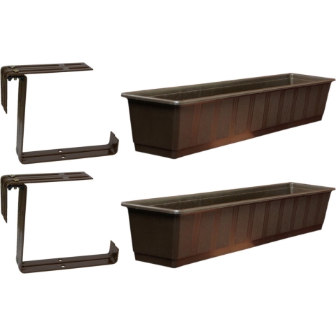 Set van 2 kunststof plantenbakken bruin rechthoekig 80 cm met 4 verstelbare railing beugels -