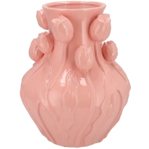 DK Design Bloemenvaas Mara - roze - 28 x 28 x 35 cm - tulpvormige hals - moderne vaas -