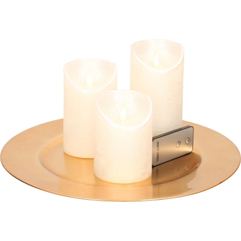 Ronde kaarsenplateau goud van kunststof D33 cm met 3 zilveren LED-kaarsen 10/12,5/15 cm -