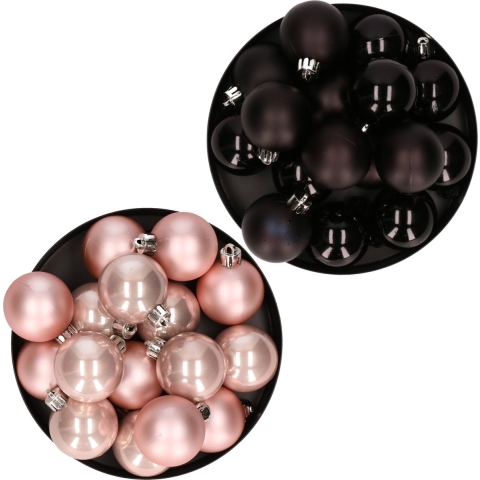 Kerstversiering kunststof kerstballen mix zwart/ lichtroze 4 en 6 cm pakket van 80x stuks -