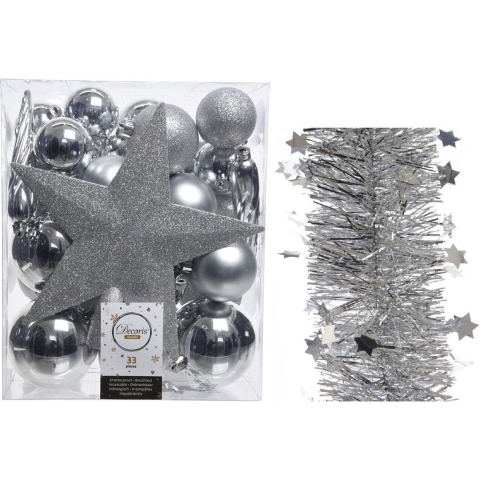 Kerstversiering kerstballen 5-6-8 cm met ster piek en sterren slingers pakket zilver van 35x stuks -