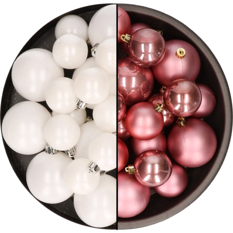 Kerstversiering kunststof kerstballen mix oud roze/winter wit 4-6-8 cm pakket van 68x stuks -