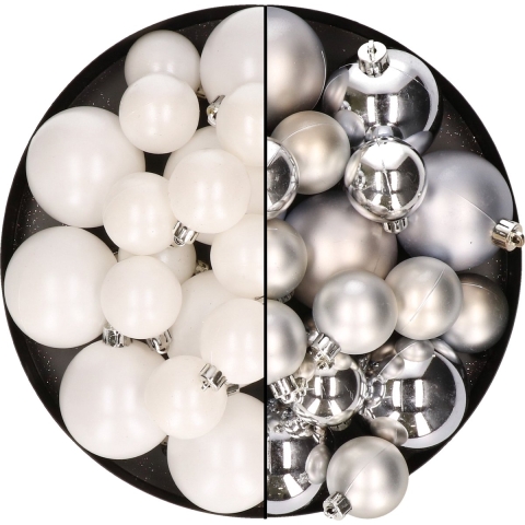 Kerstversiering kunststof kerstballen mix zilver/winter wit 4-6-8 cm pakket van 68x stuks -