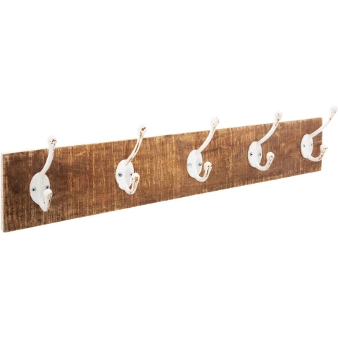 Kapstok rek wand/muur - bruin - 5 grote ophanghaken/10 knoppen - Mango hout/Metaal - B74 x H15 cm -