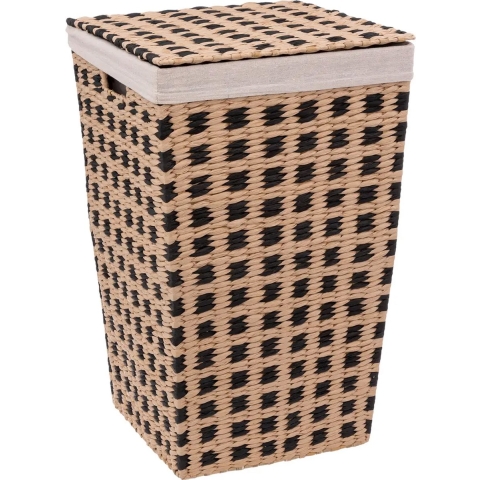 Wasmand gevlochten Riet met deksel - beige/zwart - 40L - 33 x 53 cm -