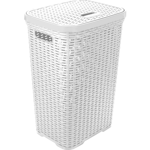 Wasmand met deksel Rotan - wit - gevlochten kunststof - 60 liter - 34 x 43 x 62 cm -