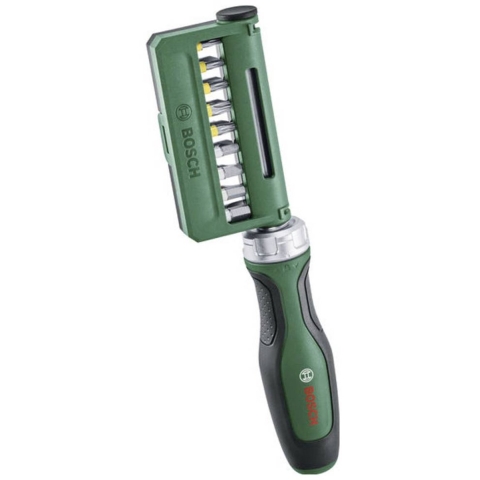 Bosch Groen Ratchet screwdriver 18 bits (Ratel/bitschroevendraaier, 18x bit (PH1, PH2, PH3, PZ1, PZ2, PZ3, SL4, SL5, SL6, TX10, TX15, TX20, TX25,
