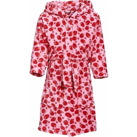 Badjas/ochtendjas met aardbeien print - roze/wit - voor meisjes - polyester badstof - met capuchon 146/152 (11-12 jr) -