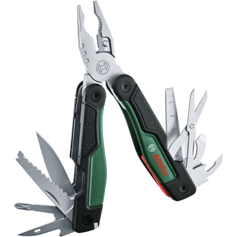 Bosch Groen 16-in-1 multitool (16-in-1 multitool (punttang, nijptang, draadschaar, 2x schroevendraaier (SL4/6, PH), metrisch liniaal, mes, zaag, vijl,