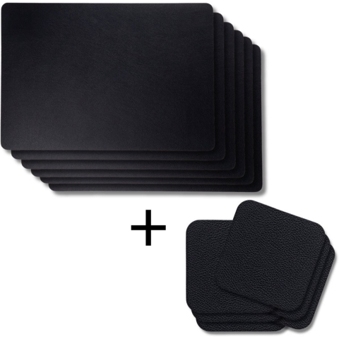 Cookinglife 6 Placemats + 6 Onderzetters - Vegan leer - Zwart - 12 stuks
