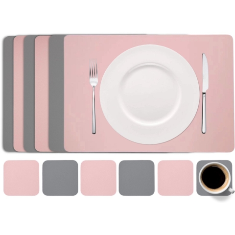 Cookinglife 6 Placemats + 6 Onderzetters - Vegan leer - Roze / Grijs - 12 stuks