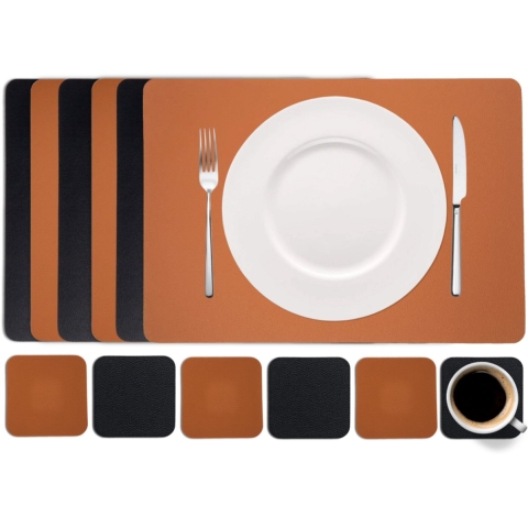 Cookinglife 6 Placemats + 6 Onderzetters - Vegan leer - Zwart / Cognac - 12 stuks