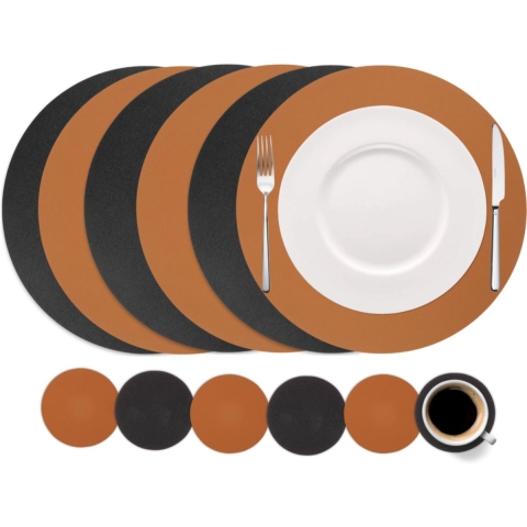 Cookinglife 6 Placemats + 6 Onderzetters - Rond - Vegan leer - Zwart / Cognac - 12 stuks