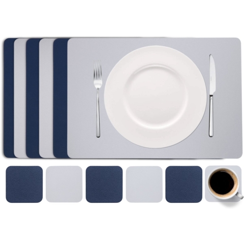 Cookinglife 6 Placemats + 6 Onderzetters - Vegan leer - Blauw / Grijs - 12 stuks