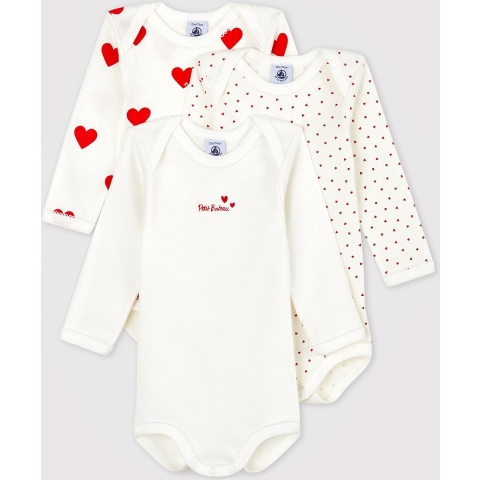 Petit Bateau Romper L/æ - 3-pack - Wit m. Harten - Petit Bateau - 24 mnd - Romper L/S