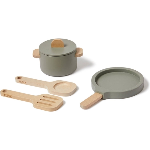 Flexa Play Keukenset - Pot en pan - Groenachtig/natuurlijk hout - Flexa - OneSize - Speelgoedkeuken