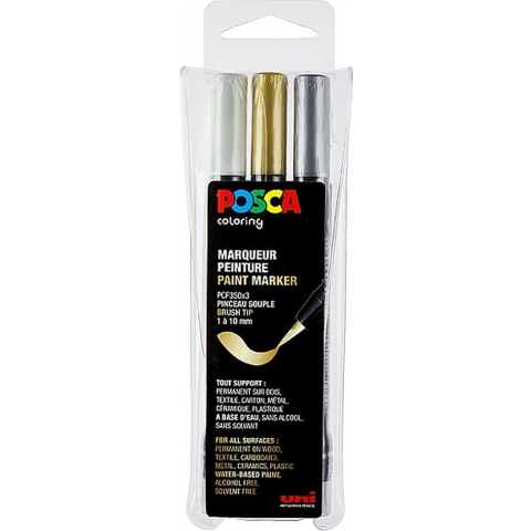 Posca Markers m. Penseelpunt - PCF-350 - 3 stk - Zilver/Goud/Wit - Posca - OneSize - Marker