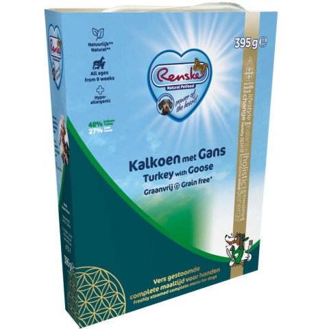 Renske Graanvrij vers gestoomd kalkoen en gans hypoallergeen natvoer hond (kuip) 2 trays (20 x 395 g)