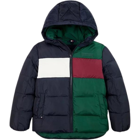 Tommy Hilfiger Gevoerde Jas - Colorblock - Decoratief Green/Roug - Tommy Hilfiger - 12 jaar (152) - Donsjack