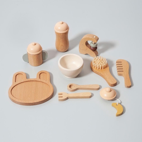 Petit Monkey Poppen Eet Set - 10 Onderdelen - Hout - Petit Monkey - OneSize - Poppentoebehoren