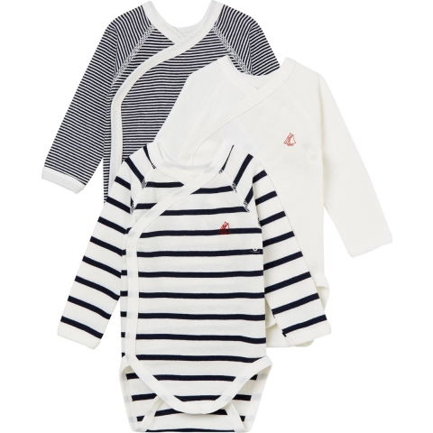 Petit Bateau Wikkelromper L/æ - 3-pack - Blauw/Wit Gestreept - Petit Bateau - 6 mnd - Romper L/S