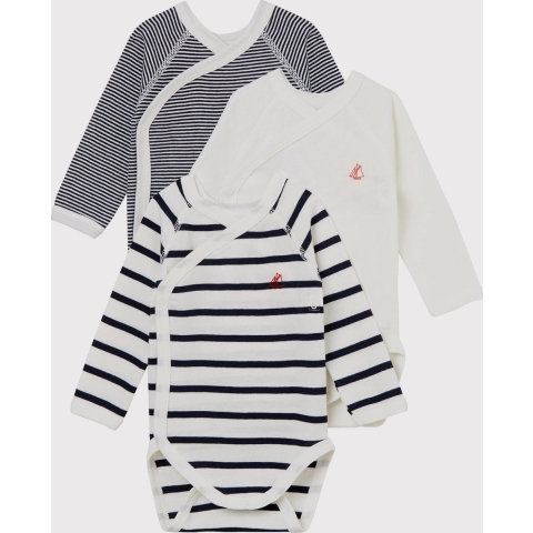 Petit Bateau Wikkelromper L/æ - 3-pack - Blauw/Wit Gestreept - Petit Bateau - 50 cm - Romper L/S