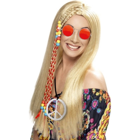 Dames Flower Power Hippie Sixties verkleed set pruik ketting en bril -