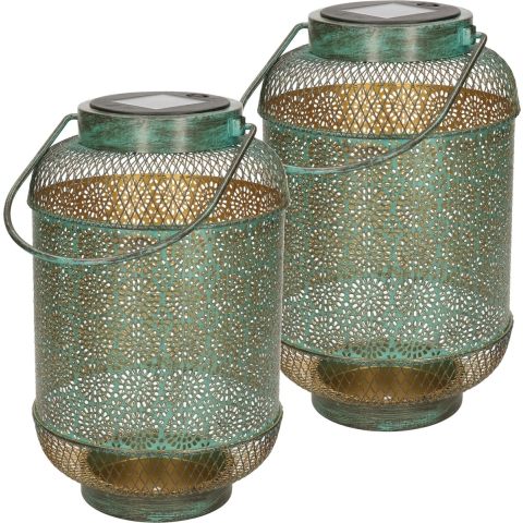 Solar lantaarn - 2x - vlam effect - antiek - turquoise - metaal - 16 x 26 cm -