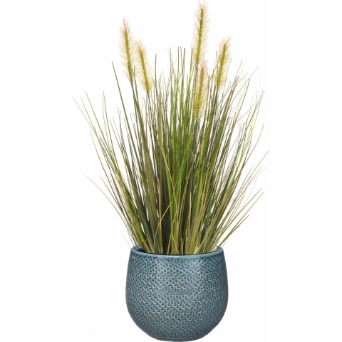 Kunstplant groen rietgras sprieten 45 cm in luxe Gabriel ribbel bloempot blauw -