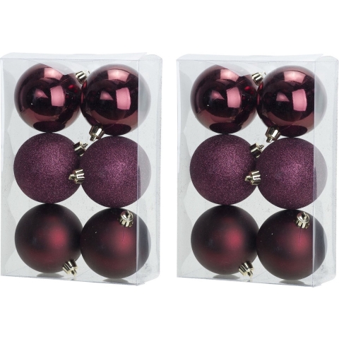 18x Aubergine roze kerstballen 8 cm kunststof mat/glans/glitter -